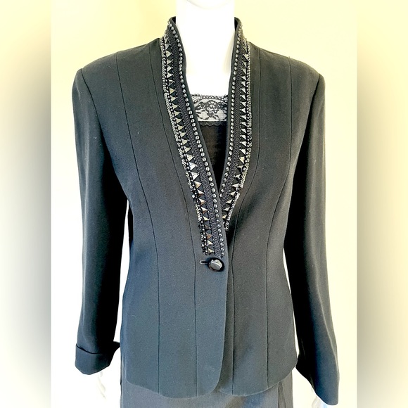 Jones New York long black tuxedo style blazer jacket shiny beaded V neck collar - Picture 2 of 15